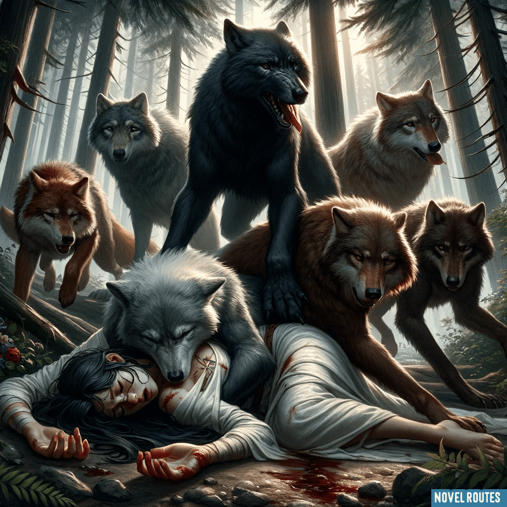The image vividly captures the dramatic and emotional aftermath of Samantha's battle from Chapter 10-1 of "Warrior Princess." Injured and exhausted, Samantha lies on the forest floor in her grey wolf form, surrounded by the protective and caring presences of Kasen, Josh, and her mother in their wolf forms. 