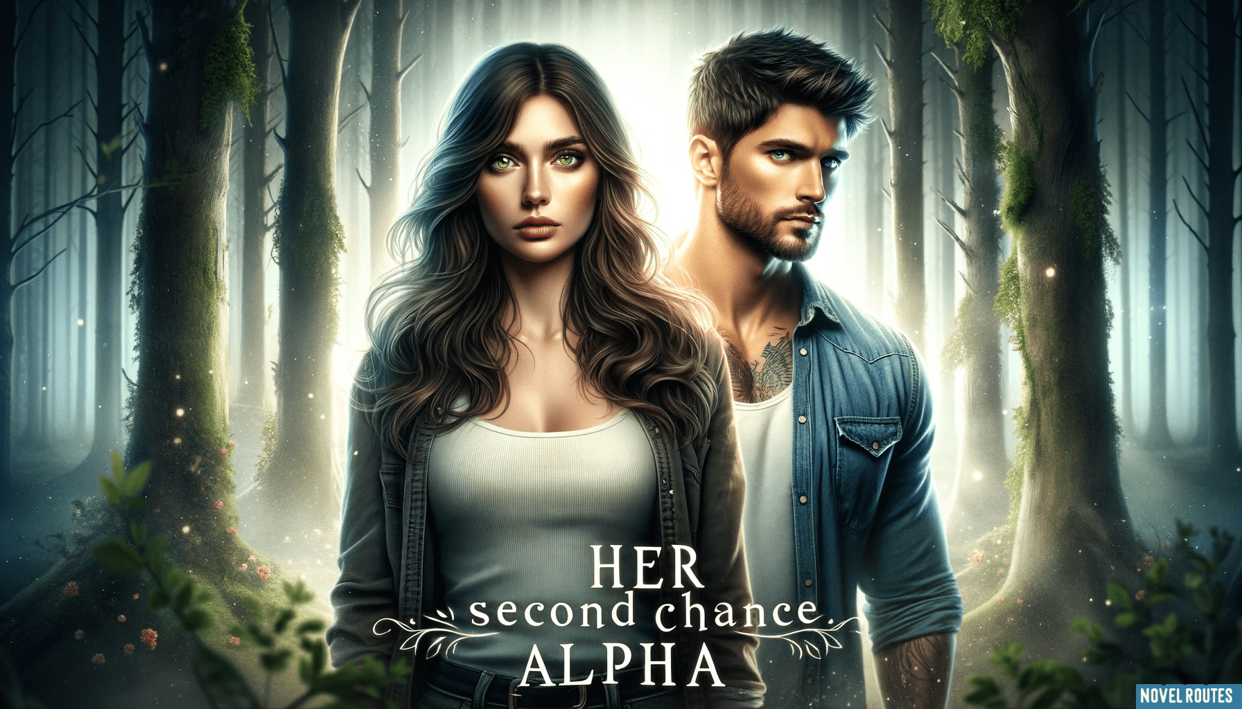 DALL·E 2023 12 16 20.03.24 Book cover for Her Second Chance Alpha featuring Holly and Jason. Holly has long wavy brown hair and green eyes and Jason has short dark hair and